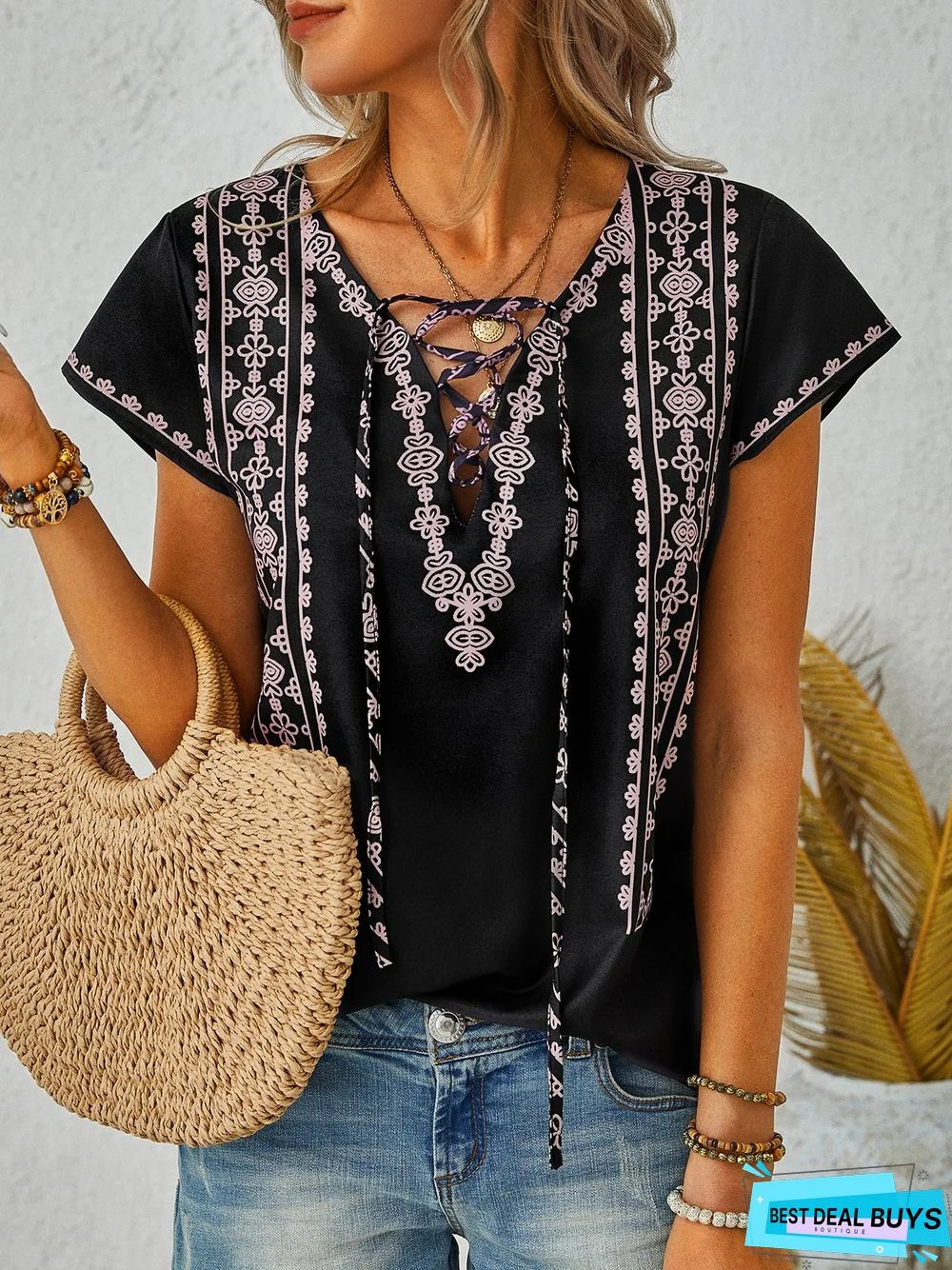 Tribal Floral Geometric Printed Boho Loosen Lace-Up V Neck Cross Short Sleeve Top