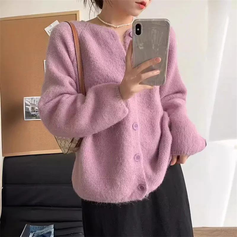 Toloer Toloer New Loose And Comfortable Round Collar Long Sleeve Solid Color Sweater Coat Female Korean Soft Waxy Knit Cardigan Jacket Female-Outfit Ideas