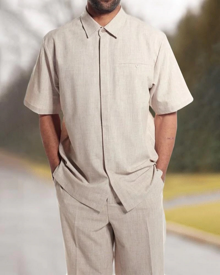 Short Sleeve Print Walking Two Piece Suit Set With Long Pants