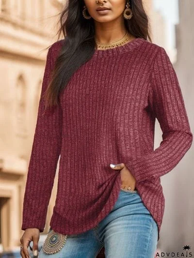 Ribbed Round Neck Long Sleeve Blouse