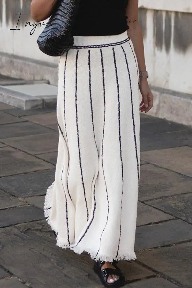 Ingvn - British Style Elegant Striped Tassel Patchwork High Waist Type A Bottoms White / S