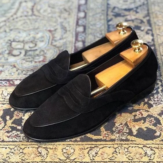 Handmade Men black suede Penny Loafer shoes, Men black suede Casual shoes