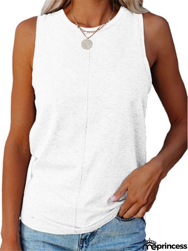 Relaxed Fit Round Neck Sleeveless Solid Color Tank Top