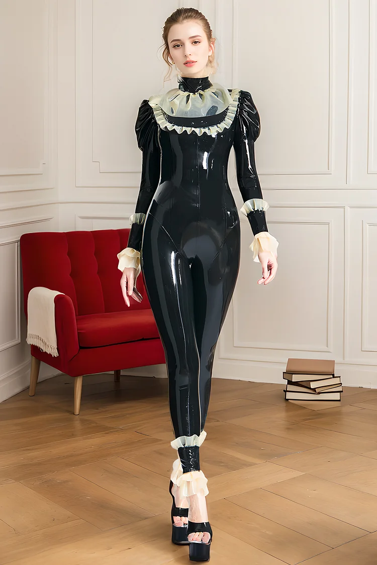 Women Latex Catsuits Froo Froo Catsuit Ice Skating Queen Catsuit  with Frills & Puff Sleeves