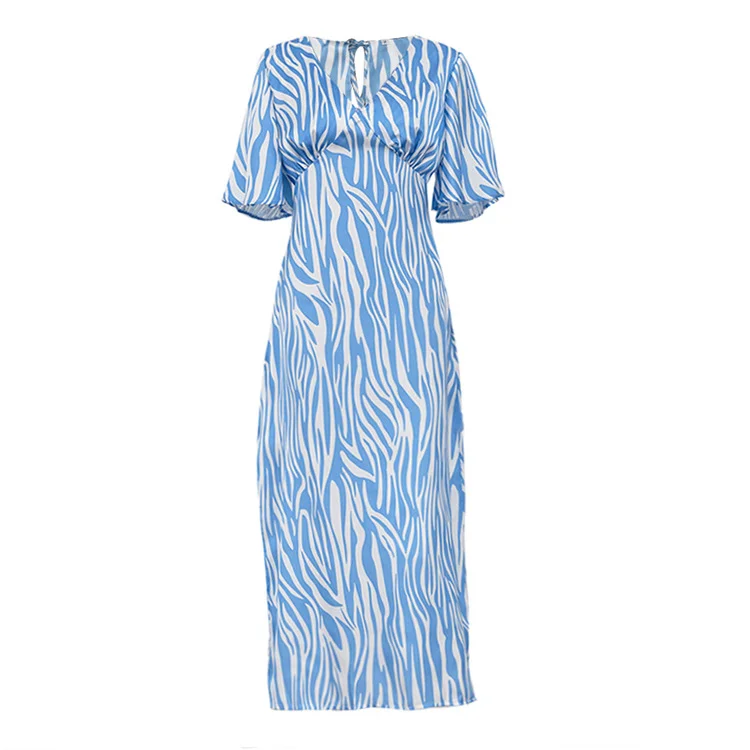 Churchf Churchf Summer Women's New Dress Short-Sleeved Satin Hanging Feeling Show Thin Back Temperament Print Dress