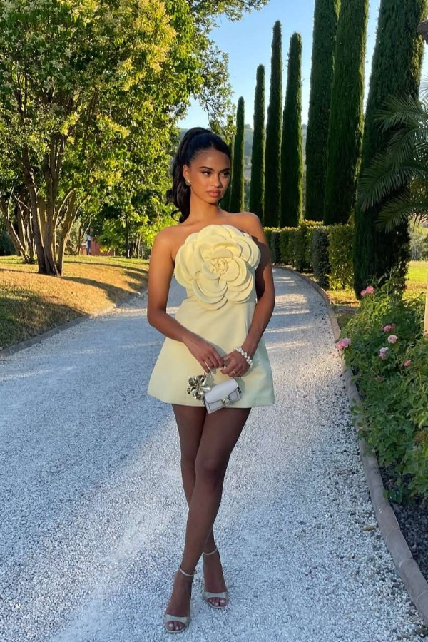 Ovlias Yellow Strapless A-Line Homecoming Dress with Big Flower CH0026