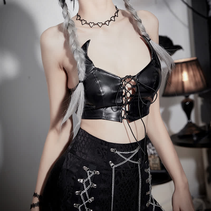 Gothic Little Demon PU Lace Up Crop Top