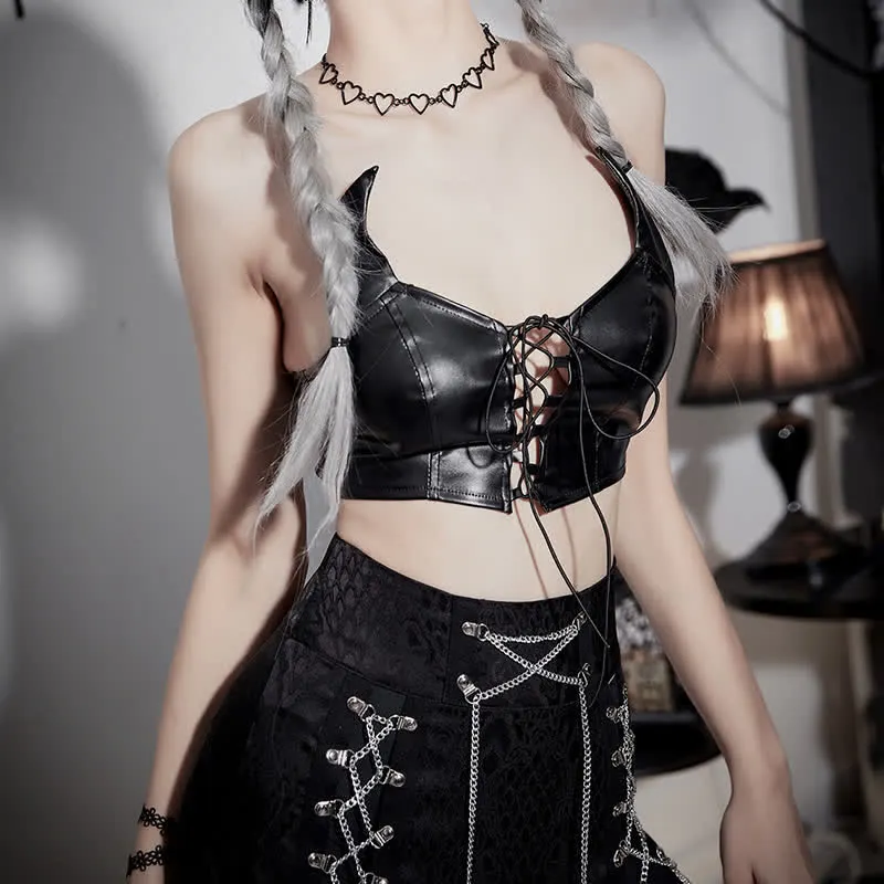 Gothic Little Demon PU Lace Up Crop Top
