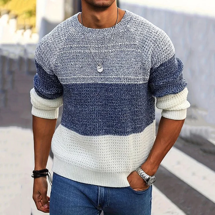 Utbros Men's Vintage Gradient Knitted Crew Neck Sweater