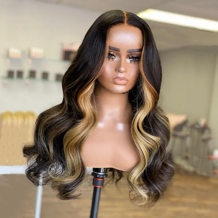 Honey Highlight Natural Black Loose Wave Lace Frontal Wig