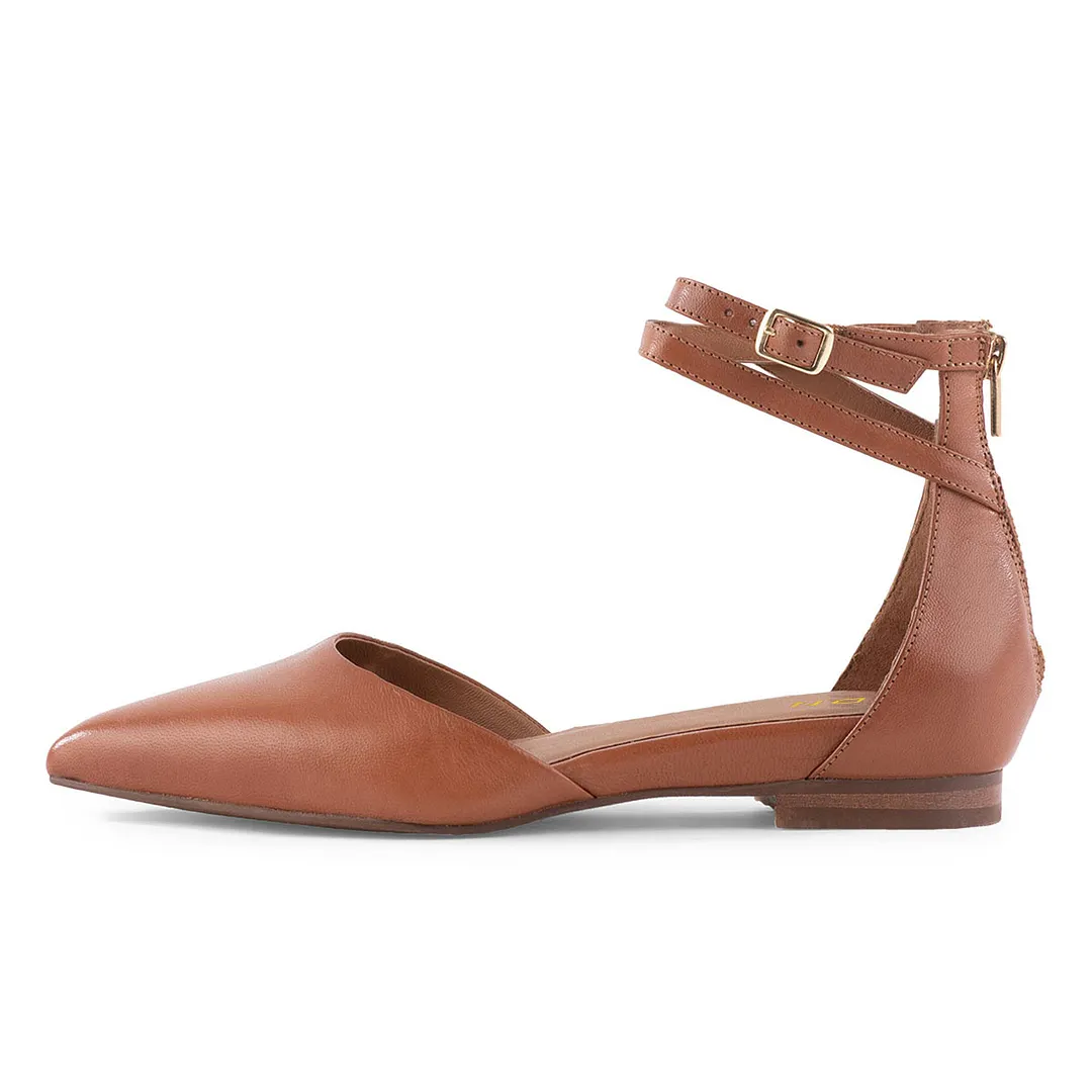 Tan Vegan Leather Ankle Strap Pointed Toe Zipper Flat Shoes for Women