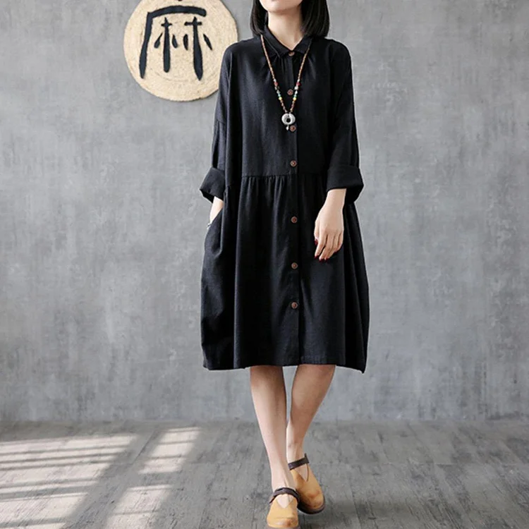 Classy black linen clothes For Women lapel wrinkled Plus Size Clothing Dress
