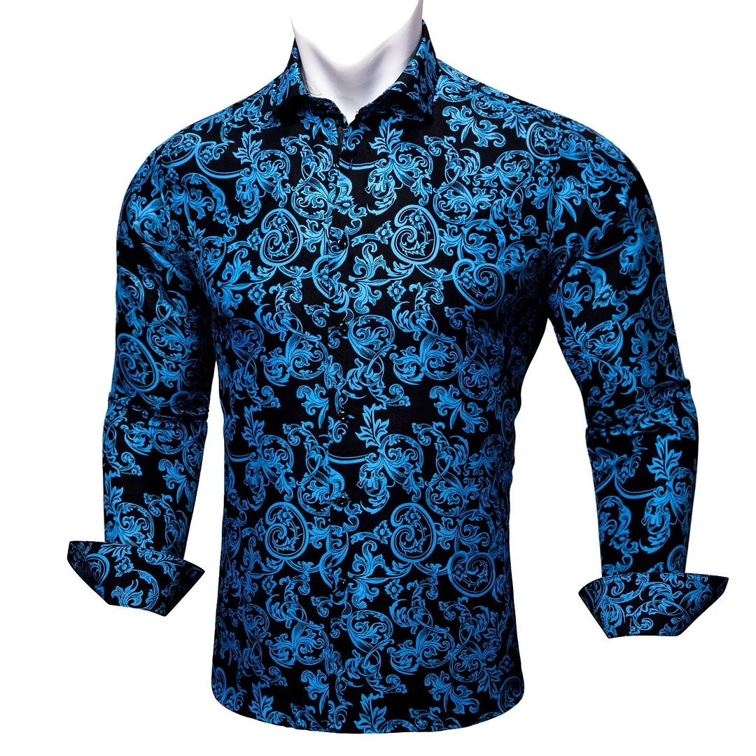 Black Blue Wave Floral Pattern Silk Men's Long Sleeve Shirt