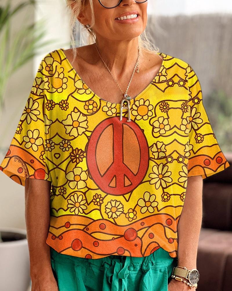 Chrysanthemum Hippie Print Yellow V Neck T-shirt