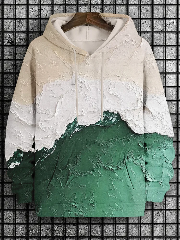 Men's Beach Ocean Oil Painting Color Blocks Print Hooded Sweatshirt