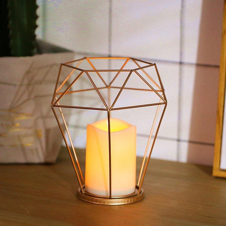Kids Battery Powered LED Night Lamp Gold Diamond/Triangle/Hexagon Table Light with Iron Cage and Inner Candle Shade