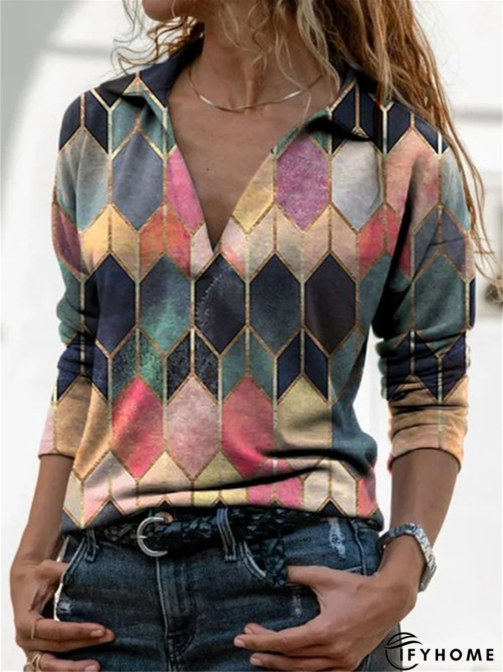 Color-Block Long Sleeve Shirt Collar Abstract Blouse | IFYHOME