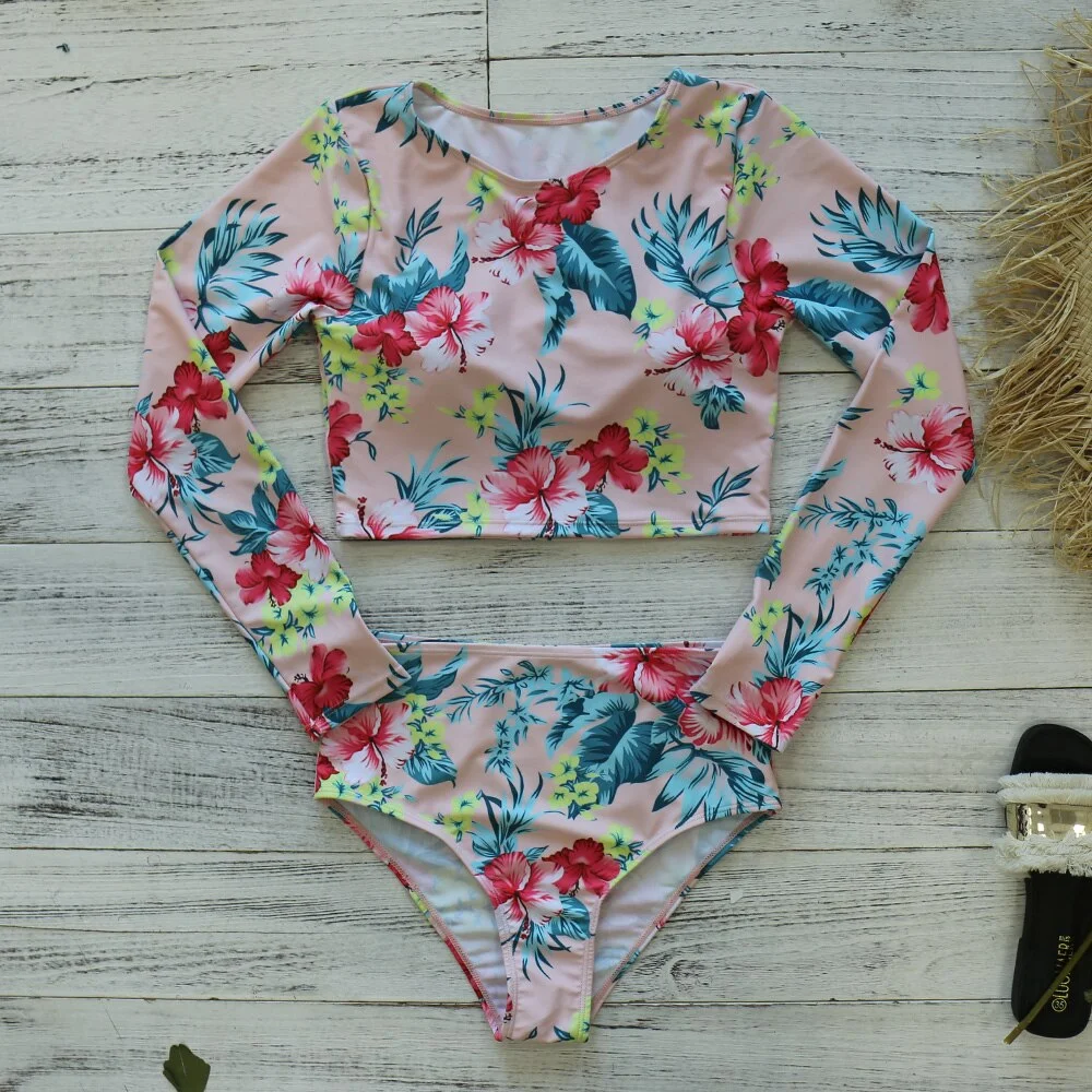 2020 New Sexy Long Sleeve Bikinis Women Swimsuit Green Leaves Print Bathing Suits Beachwear Brazilian Bikini Set Biquini Female