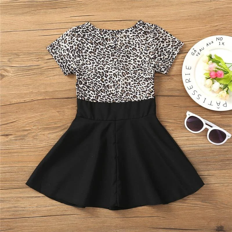 Summer Girls Dresses Kids Elegant Leopard Print Princess Dress Girl Short Sleeve Dress 2 3 4 6 7 8 Years Children Clothes