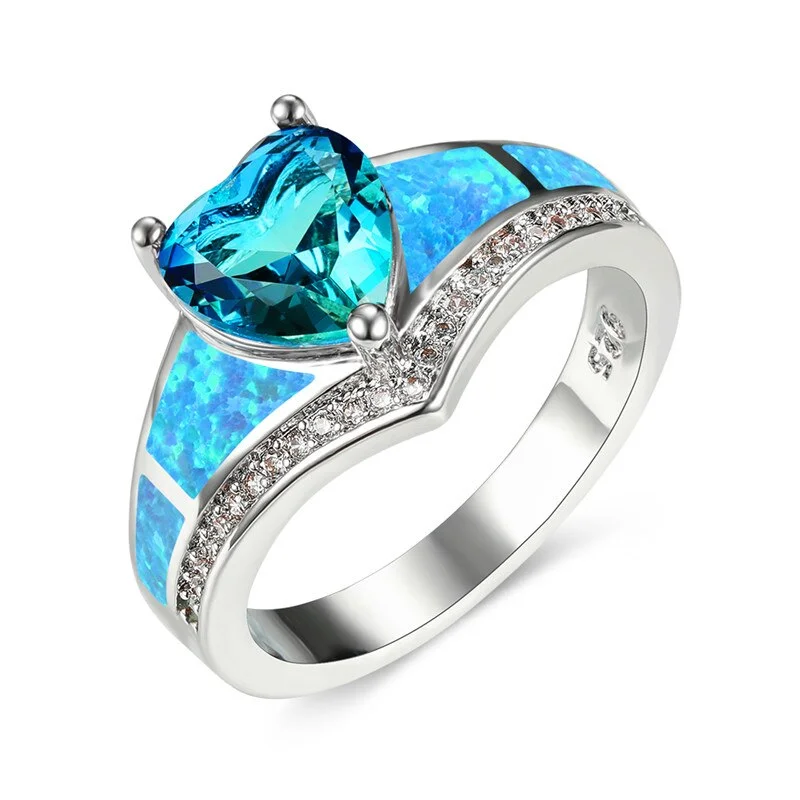 Cute Female Blue Fire Opal Ring Boho Silver Color Red Green Heart Ring Promise Love Engagement Rings For Women