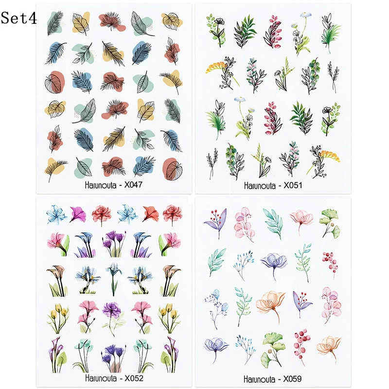 Harunouta 4Pcs Colorful Wave Leaf Flowers Water Decals Stickers Fruit Snake Designs Manicure Nail Art Decorations For Summer