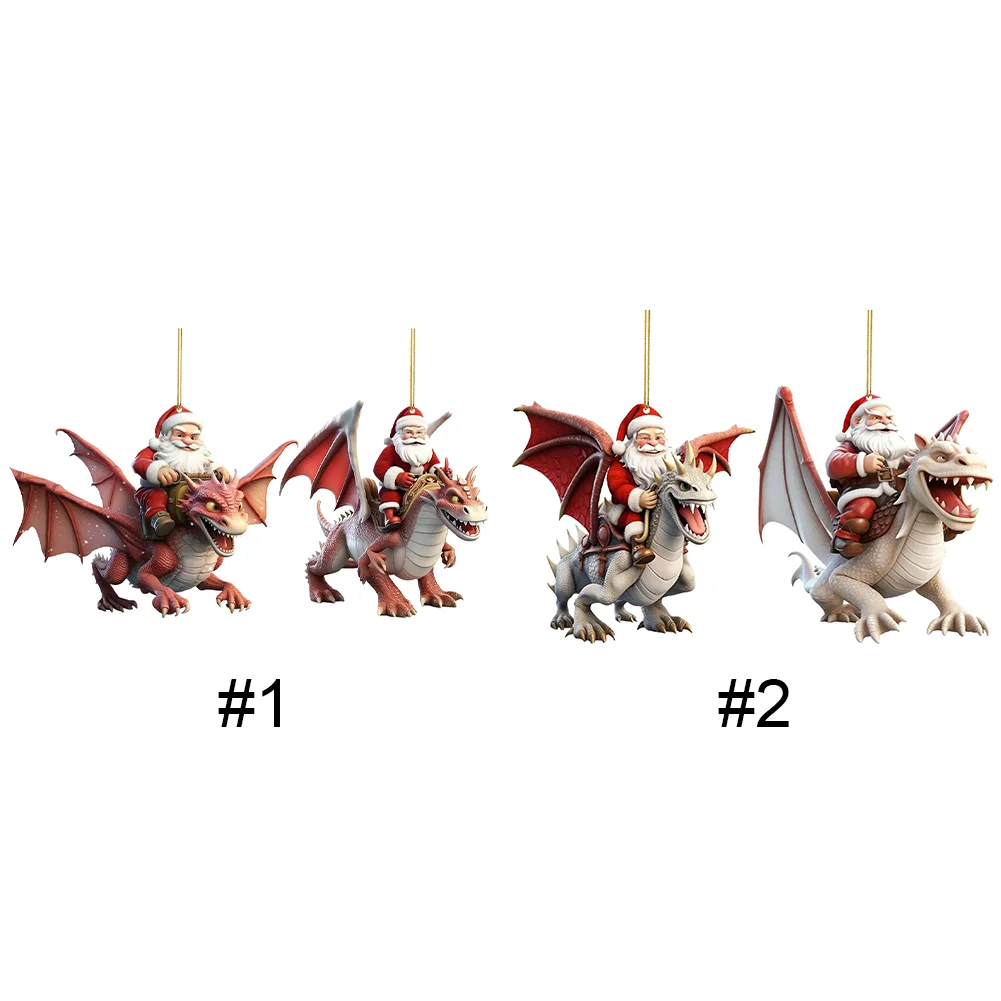 2 PCS Acrylic Santa Flying Dragon 2D Flat Christmas Tree Car Hangings Ornament