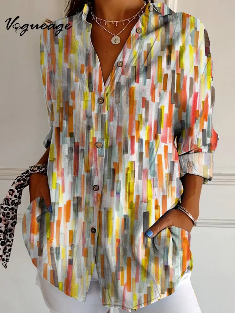 Fashionable Painted Square Pattern Long Sleeves Printed Cotton And Linen Shirt