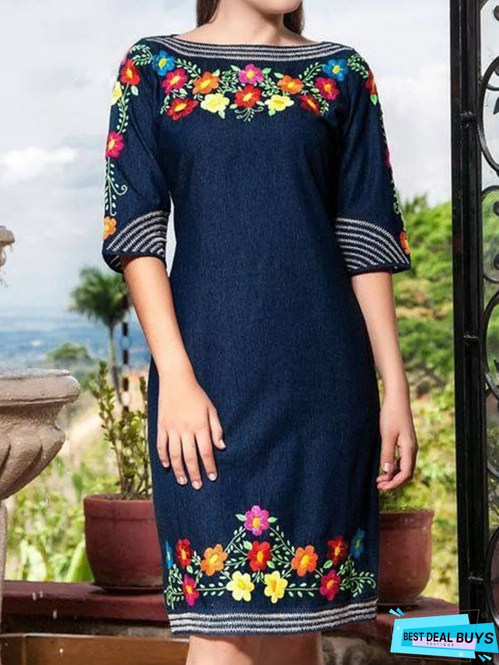 Shift Printed Half Sleeve Vintage Weaving Dress