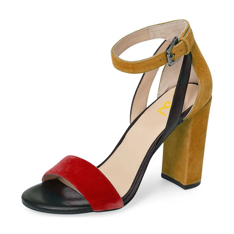 Red and Khaki Ankle Strap Sandals Open Toe Vegan Suede Block Heels |FSJ Shoes