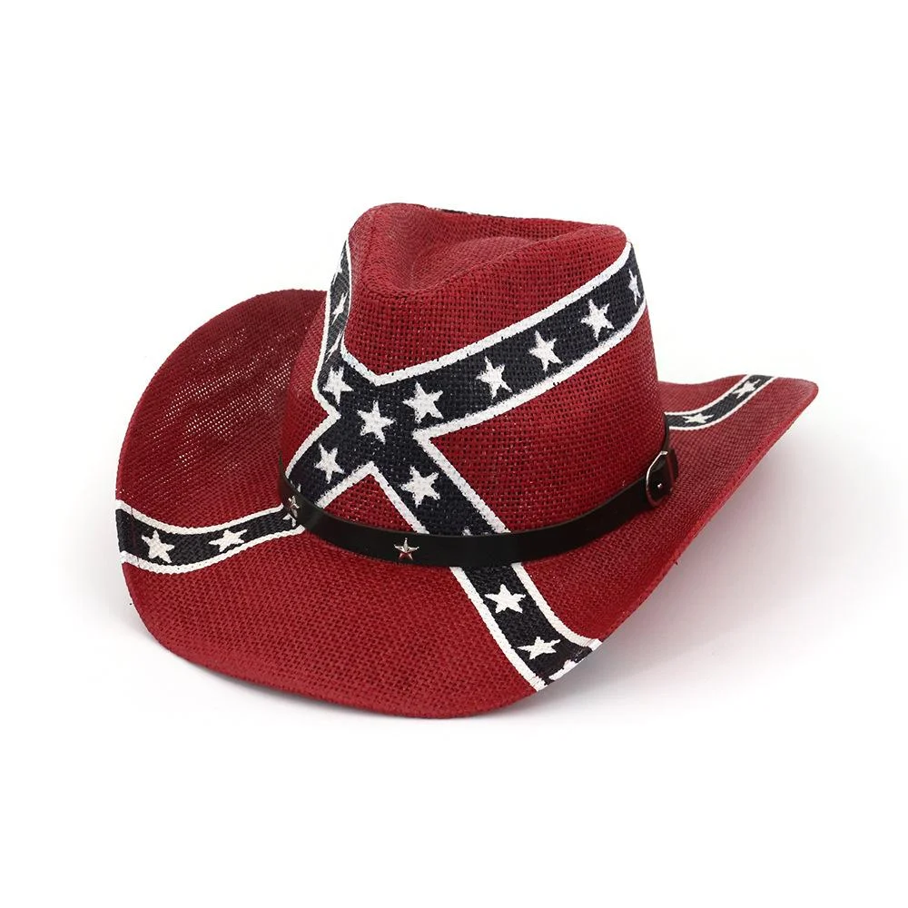 Unisex Cowboy Hat American Flag Floral PU Band Western Straw Hat