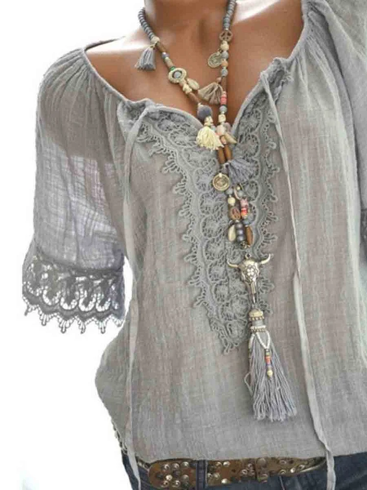 Spring Summer  Polyester  Women  Tie Collar  Decorative Lace  Plain  Short Sleeve Blouses