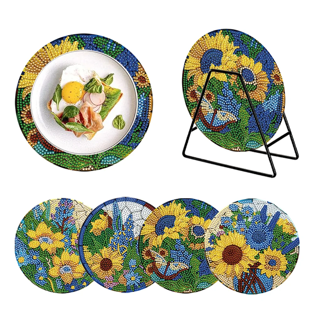 4 PCS DIY Lavender Sunflower Wooden Diamond Painted Placemats with Holder