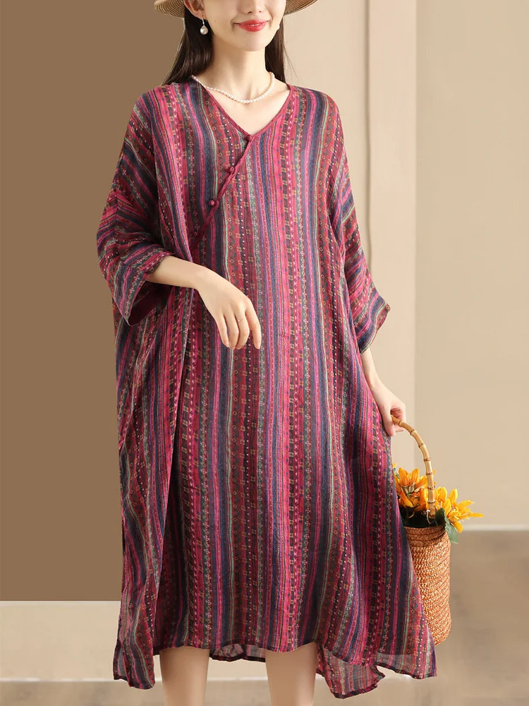Vintage Colorful Stripe V-Neck Ramie Dress Raglan Sleeve