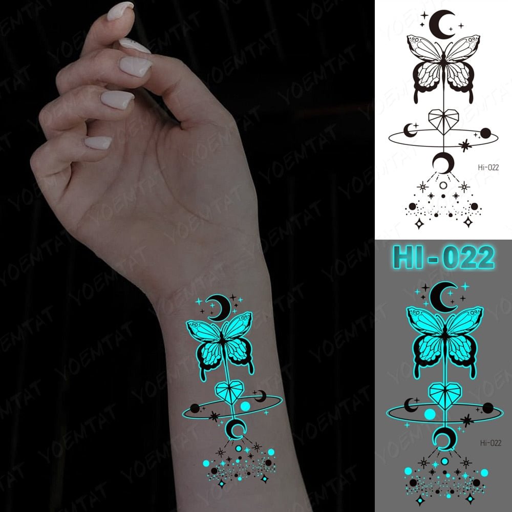 Blue Glow Waterproof Temporary Tattoo Stickers Snake Butterfly Planet Sun Arm Fake Tatoo Kids Body Art Men Women Tato