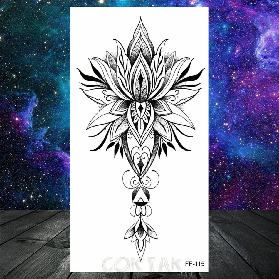 Lotus Flower Temporary Tattoo For Women Girls Snake Peony Lily Rose Chains Tattoos Sticker Black Blossom Fake Transferable Tatoo