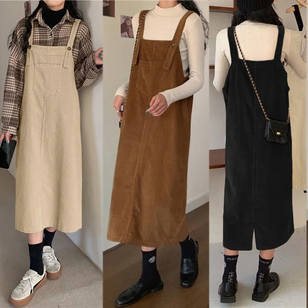 Women Winter Sleeveless Corduroy Casual Loose Warm Midi Tank Dress Sundress