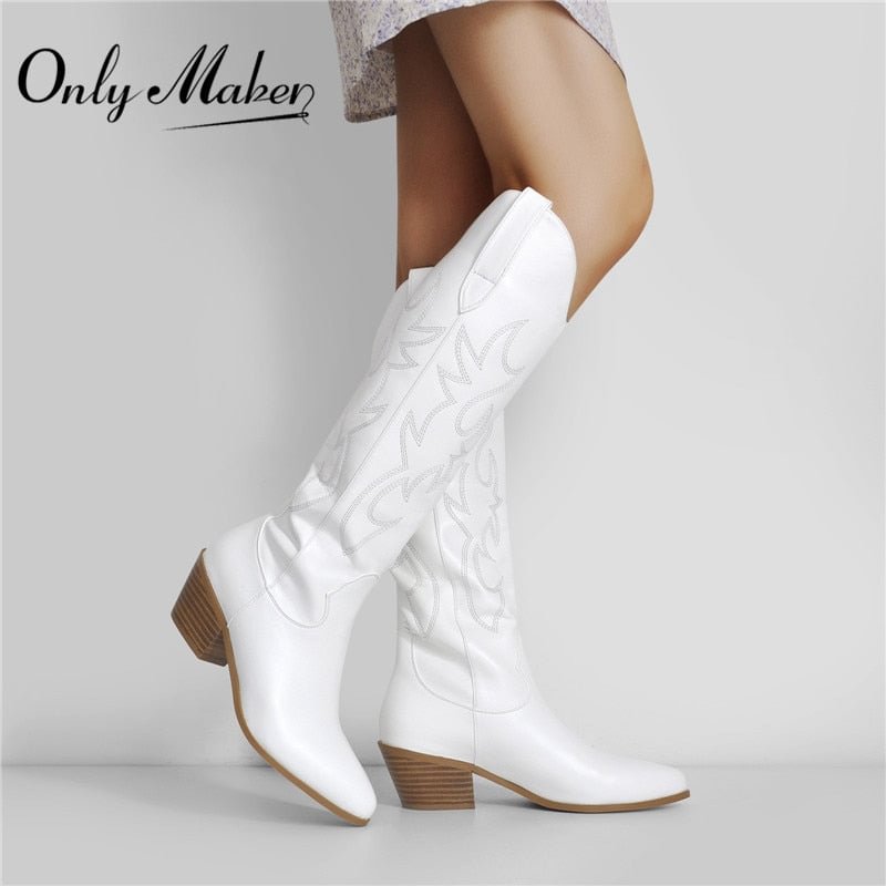 Onlymaker Women White Knee High Boots Western Cowboy Boots Wide Calf Embroidered Pointed Toe Block Heel Pull-On Cowgirl Booties