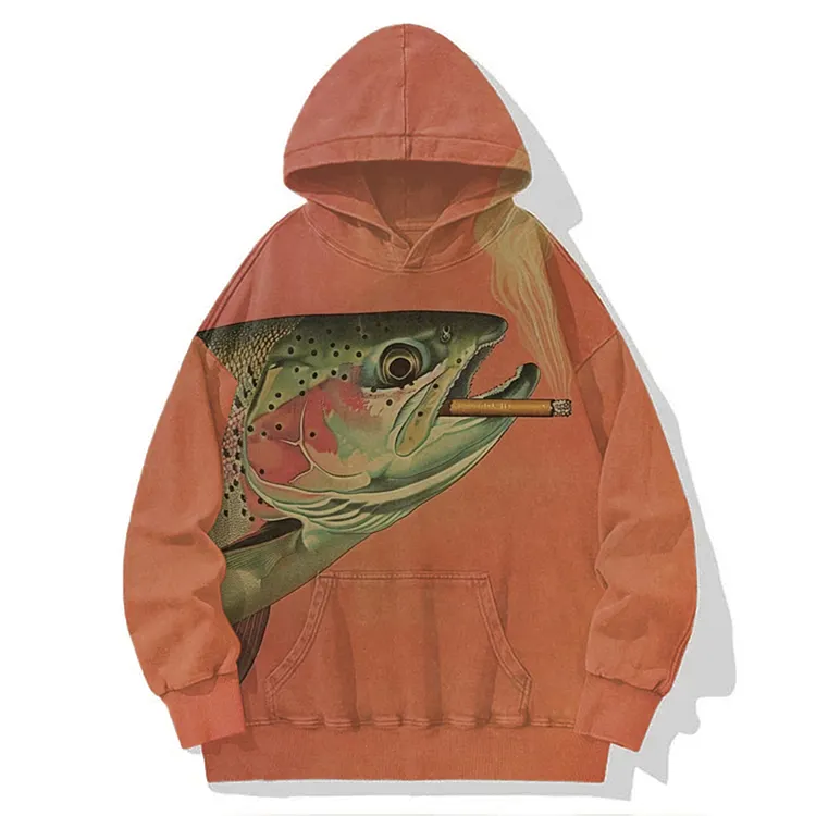 Tokyo-Mood Trout Smoking A Cigarette Vintage Washed Unisex Hoodie