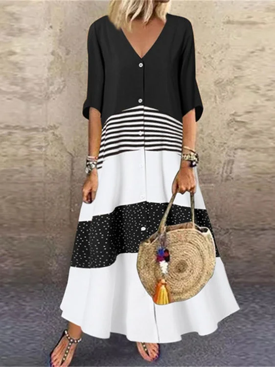Women's Half Sleeve V-neck Striped Polka Dot Printed Maxi Dress