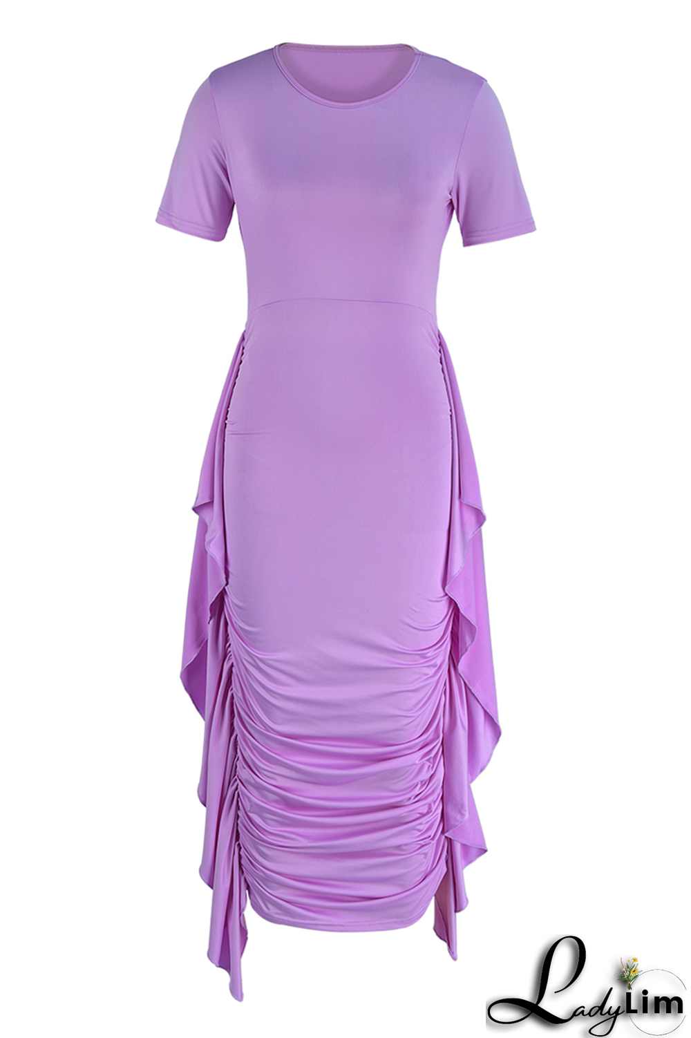 Yellow Fashion Solid Flounce Fold O Neck Pencil Skirt Dresses