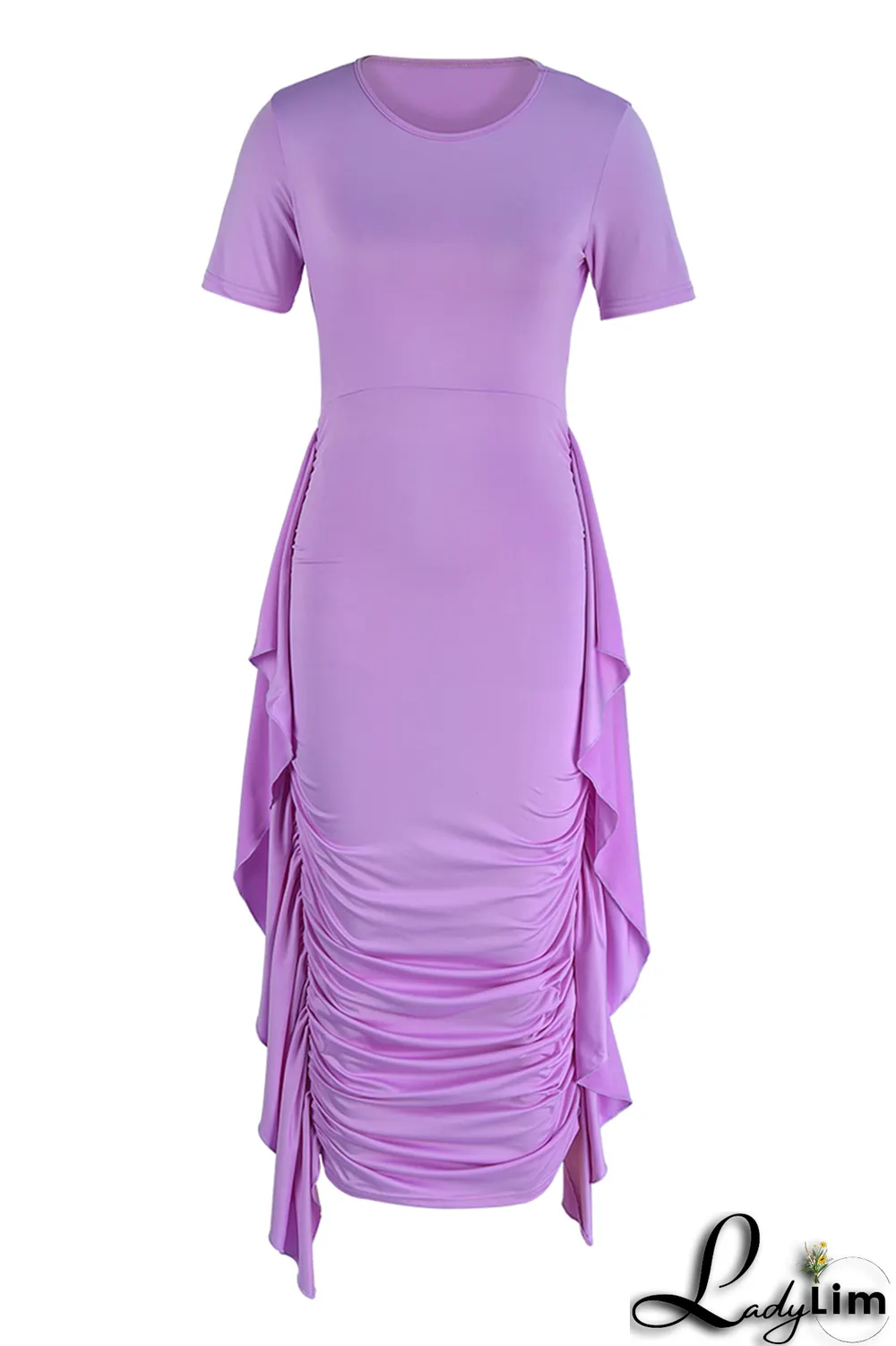 Yellow Fashion Solid Flounce Fold O Neck Pencil Skirt Dresses