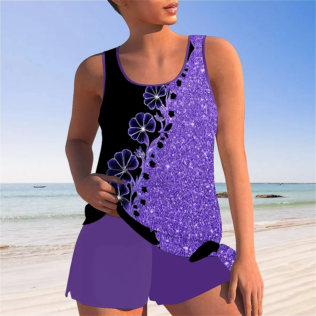 Bowknot Purple,Floral,Glitter Mid Waisted Tankini Set - Plus Size Available