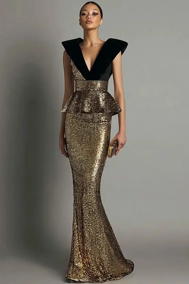 Velvet Sequin Peplum Mermaid Maxi Dress-Gold [Custom-Made]