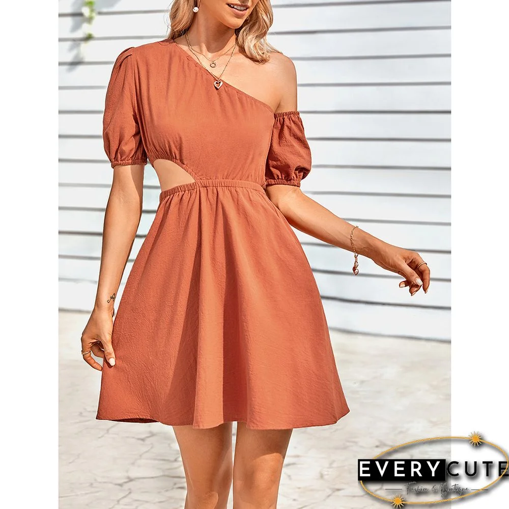 Rust Red Cut-out One Shoulder Casual Dress