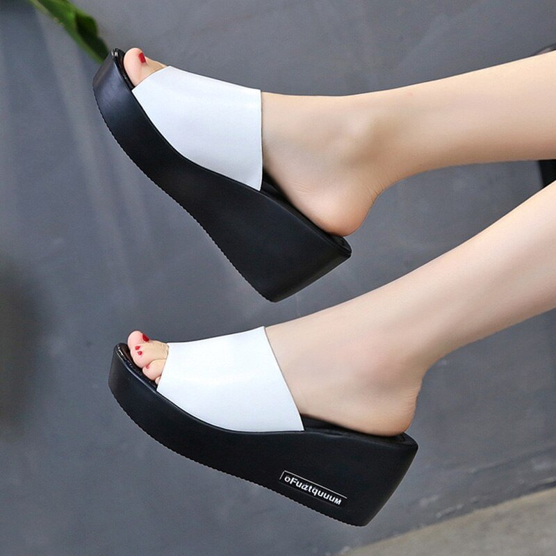 Aphixta Platform Slippers Women Wedge Slides Fish Mouth Sandals Leather Wedges High Heels Sandals Peep Toe Slipper Woman Shoes