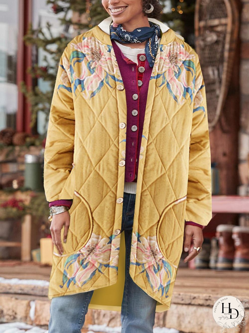 Yellow Retro Flower Printed Coat