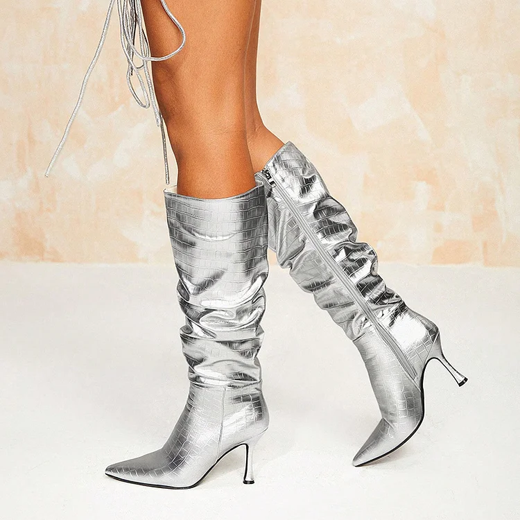 Silver Pointed Toe Zipper Shoes Elegant Stiletto Heel Snakeskin Boots |FSJ Shoes