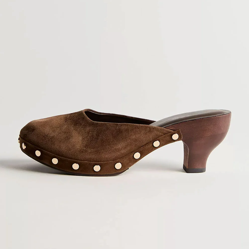 Brown Vegan Suede Round Toe Studded Spool Heel Mules Shoes