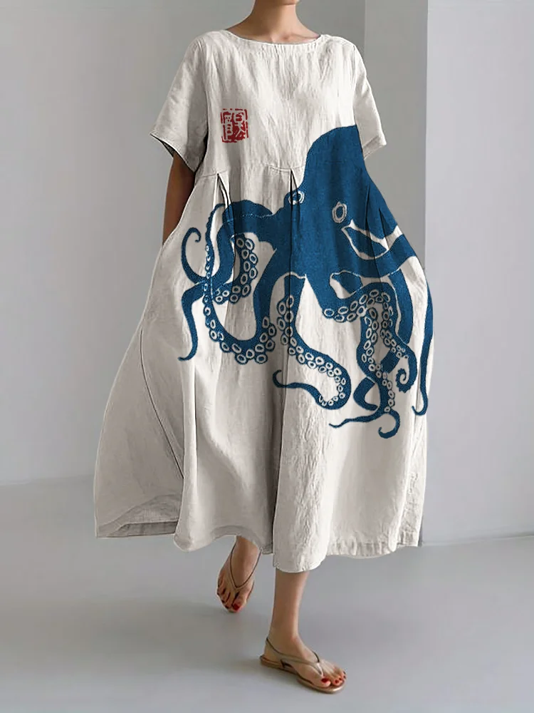 Octopus Japanese Lino Art Linen Blend Maxi Dress