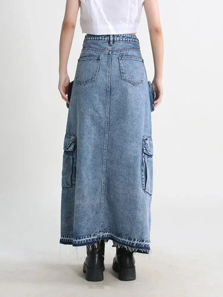 Oocharger Split Denim Skirts For Women High Waist Patchwork Pocket Temperament Solid Skirt Female Autumn Fashion Style New
